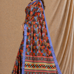 Multicolor Geometric Print Chiffon Silk Saree With Blue Border