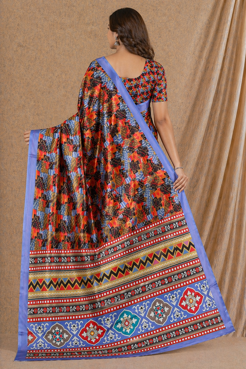 Multicolor Geometric Print Chiffon Silk Saree With Blue Border