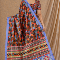 Multicolor Geometric Print Chiffon Silk Saree With Blue Border