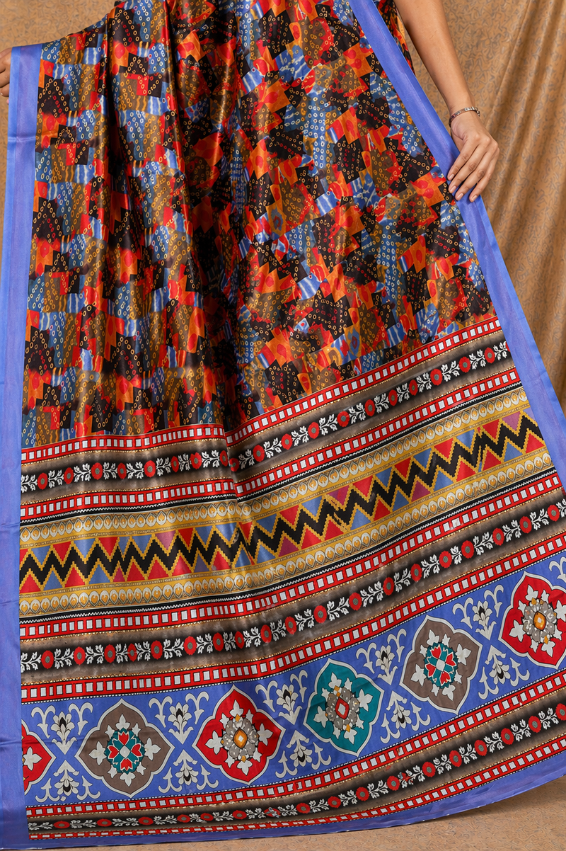 Multicolor Geometric Print Chiffon Silk Saree With Blue Border