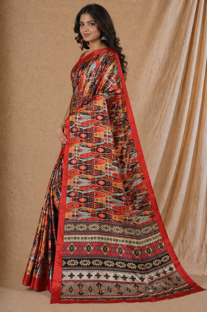 Bold Red Tribal Geometric Print Chiffon Silk Saree