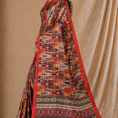 Bold Red Tribal Geometric Print Chiffon Silk Saree