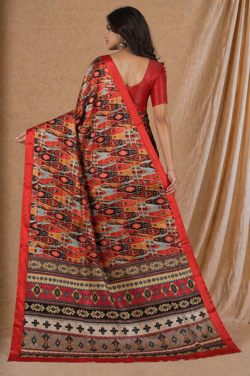 Bold Red Tribal Geometric Print Chiffon Silk Saree