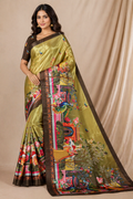 Elegant Olive Green Peacock Garden Print Chiffon Silk Saree
