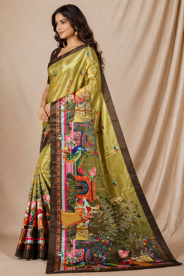 Elegant Olive Green Peacock Garden Print Chiffon Silk Saree