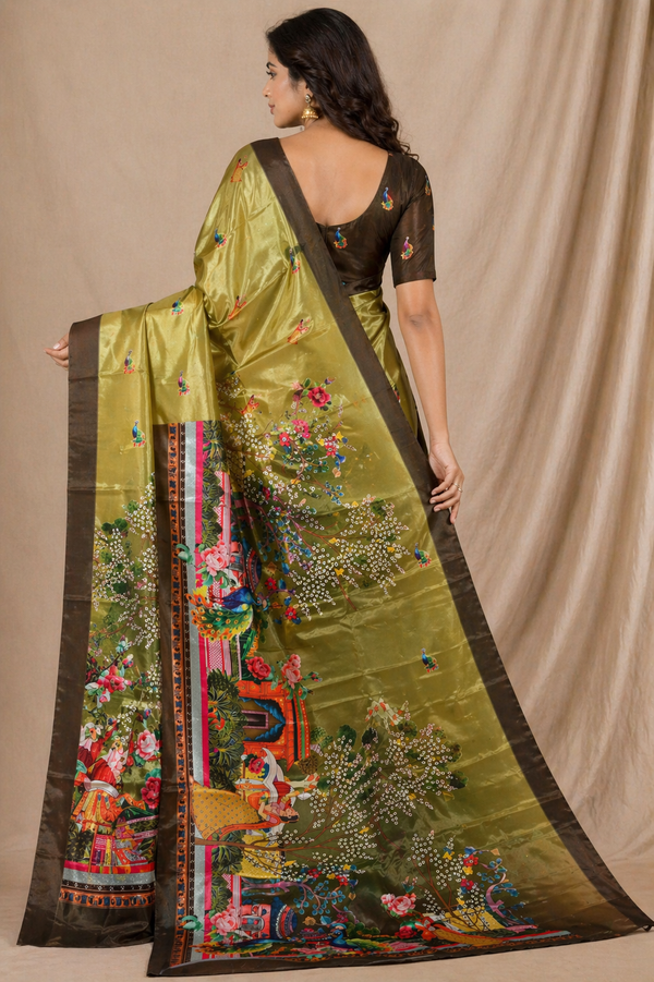 Elegant Olive Green Peacock Garden Print Chiffon Silk Saree