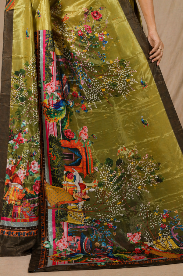 Elegant Olive Green Peacock Garden Print Chiffon Silk Saree