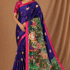 Royal Indigo Blue Scenic Palace Print Chiffon Silk Saree