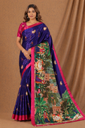Royal Indigo Blue Scenic Palace Print Chiffon Silk Saree