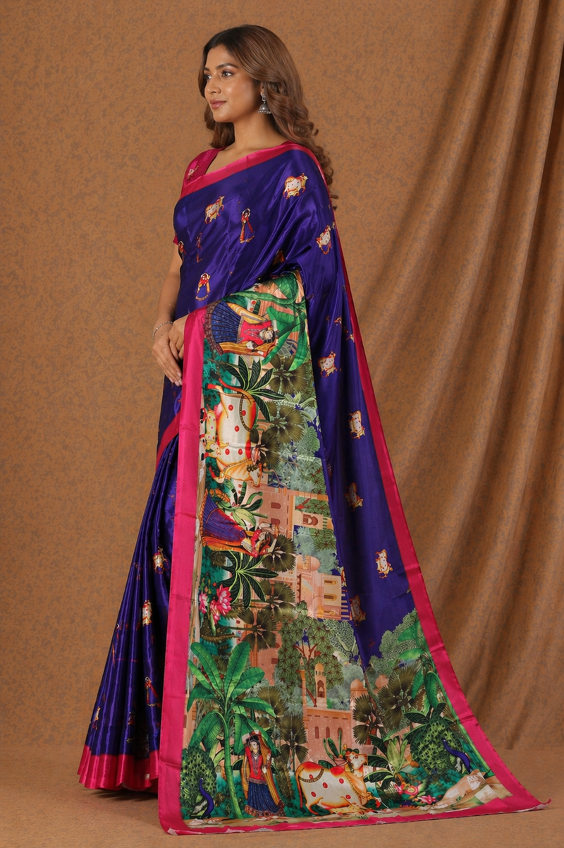 Royal Indigo Blue Scenic Palace Print Chiffon Silk Saree