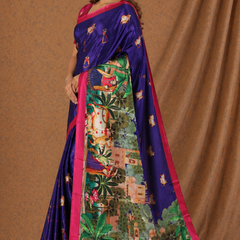 Royal Indigo Blue Scenic Palace Print Chiffon Silk Saree