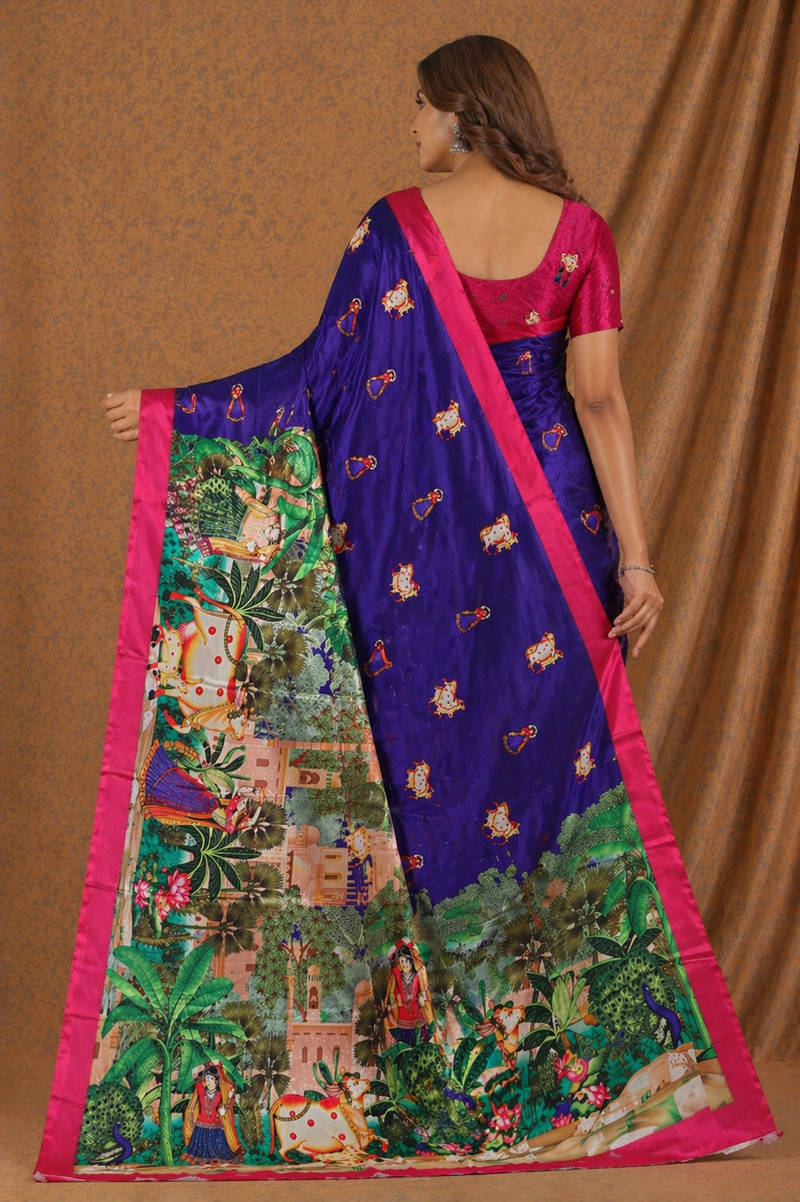Royal Indigo Blue Scenic Palace Print Chiffon Silk Saree