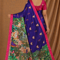 Royal Indigo Blue Scenic Palace Print Chiffon Silk Saree