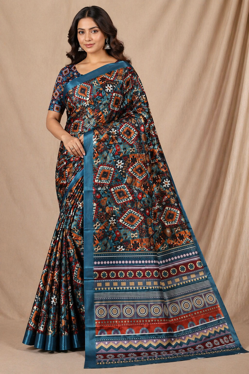 Stylish Teal Blue Tribal Geometric Print Chiffon Silk Saree
