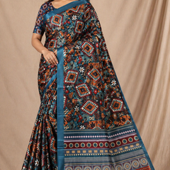 Stylish Teal Blue Tribal Geometric Print Chiffon Silk Saree