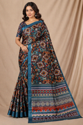 Stylish Teal Blue Tribal Geometric Print Chiffon Silk Saree