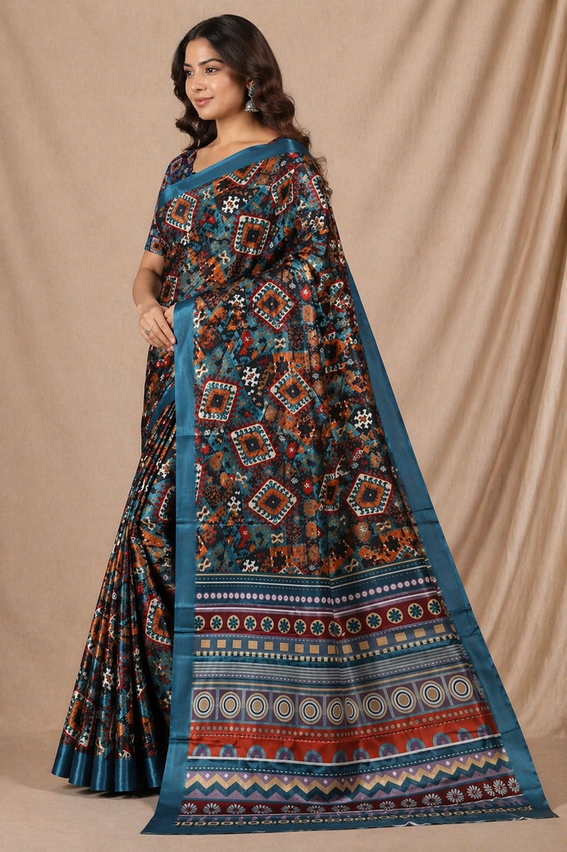 Stylish Teal Blue Tribal Geometric Print Chiffon Silk Saree