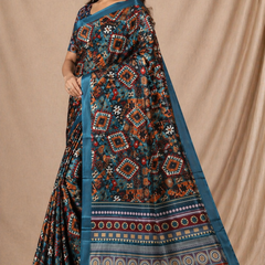 Stylish Teal Blue Tribal Geometric Print Chiffon Silk Saree
