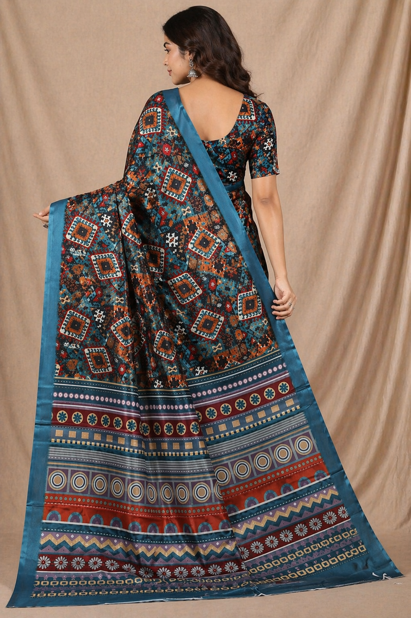 Stylish Teal Blue Tribal Geometric Print Chiffon Silk Saree