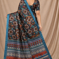 Stylish Teal Blue Tribal Geometric Print Chiffon Silk Saree