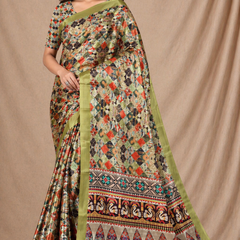 Elegant Olive Green Ethnic Mosaic Print Chiffon Silk Saree