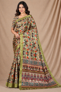 Elegant Olive Green Ethnic Mosaic Print Chiffon Silk Saree