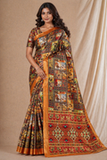 Elegant Mustard Orange Patchwork Ethnic Print Chiffon Silk Saree