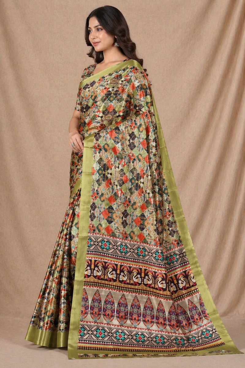 Elegant Olive Green Ethnic Mosaic Print Chiffon Silk Saree
