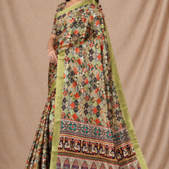 Elegant Olive Green Ethnic Mosaic Print Chiffon Silk Saree