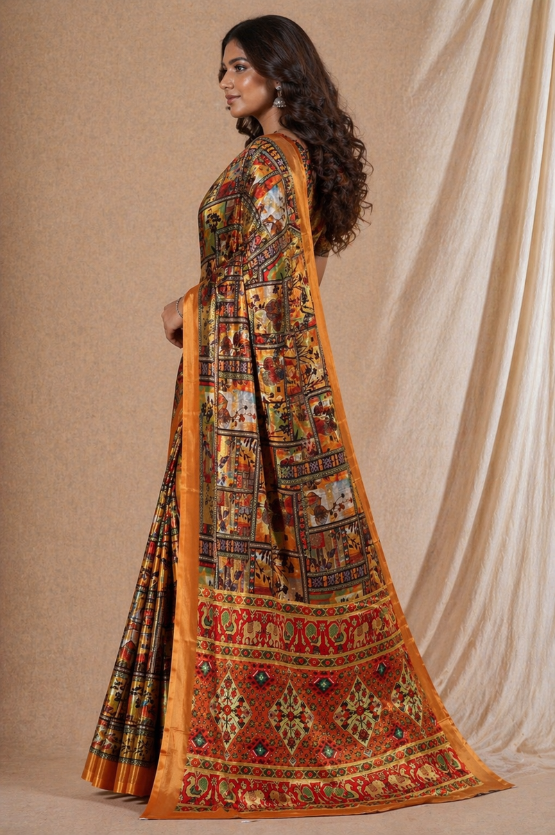 Elegant Mustard Orange Patchwork Ethnic Print Chiffon Silk Saree