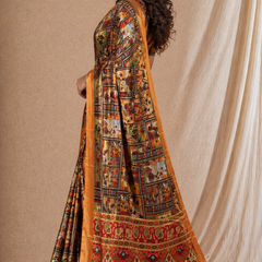 Elegant Mustard Orange Patchwork Ethnic Print Chiffon Silk Saree