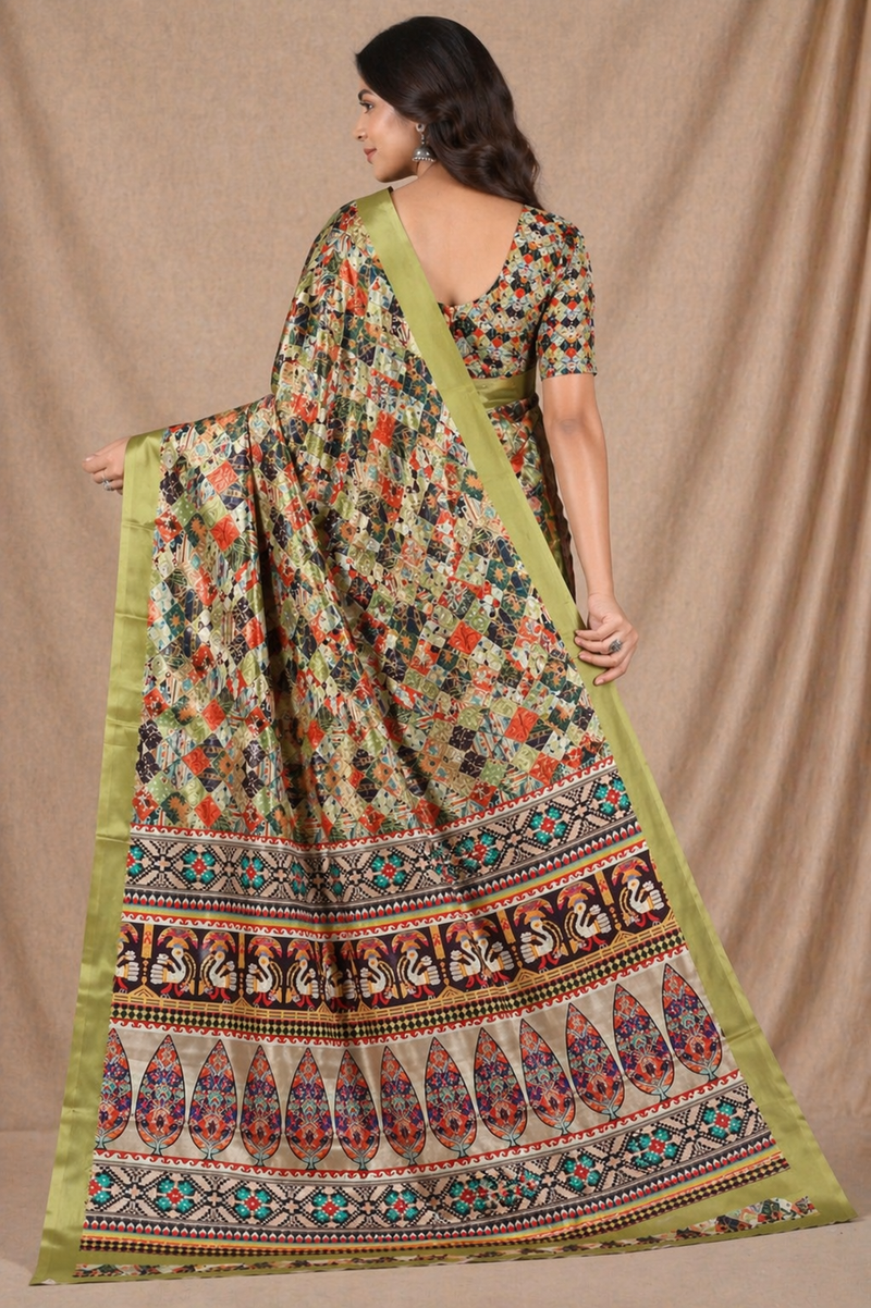 Elegant Olive Green Ethnic Mosaic Print Chiffon Silk Saree