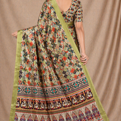 Elegant Olive Green Ethnic Mosaic Print Chiffon Silk Saree