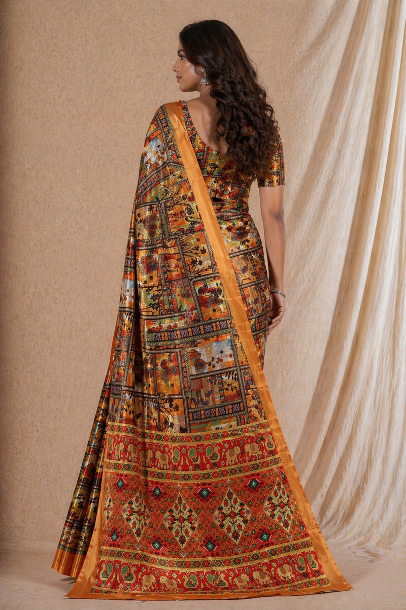 Elegant Mustard Orange Patchwork Ethnic Print Chiffon Silk Saree