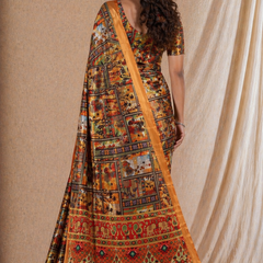 Elegant Mustard Orange Patchwork Ethnic Print Chiffon Silk Saree