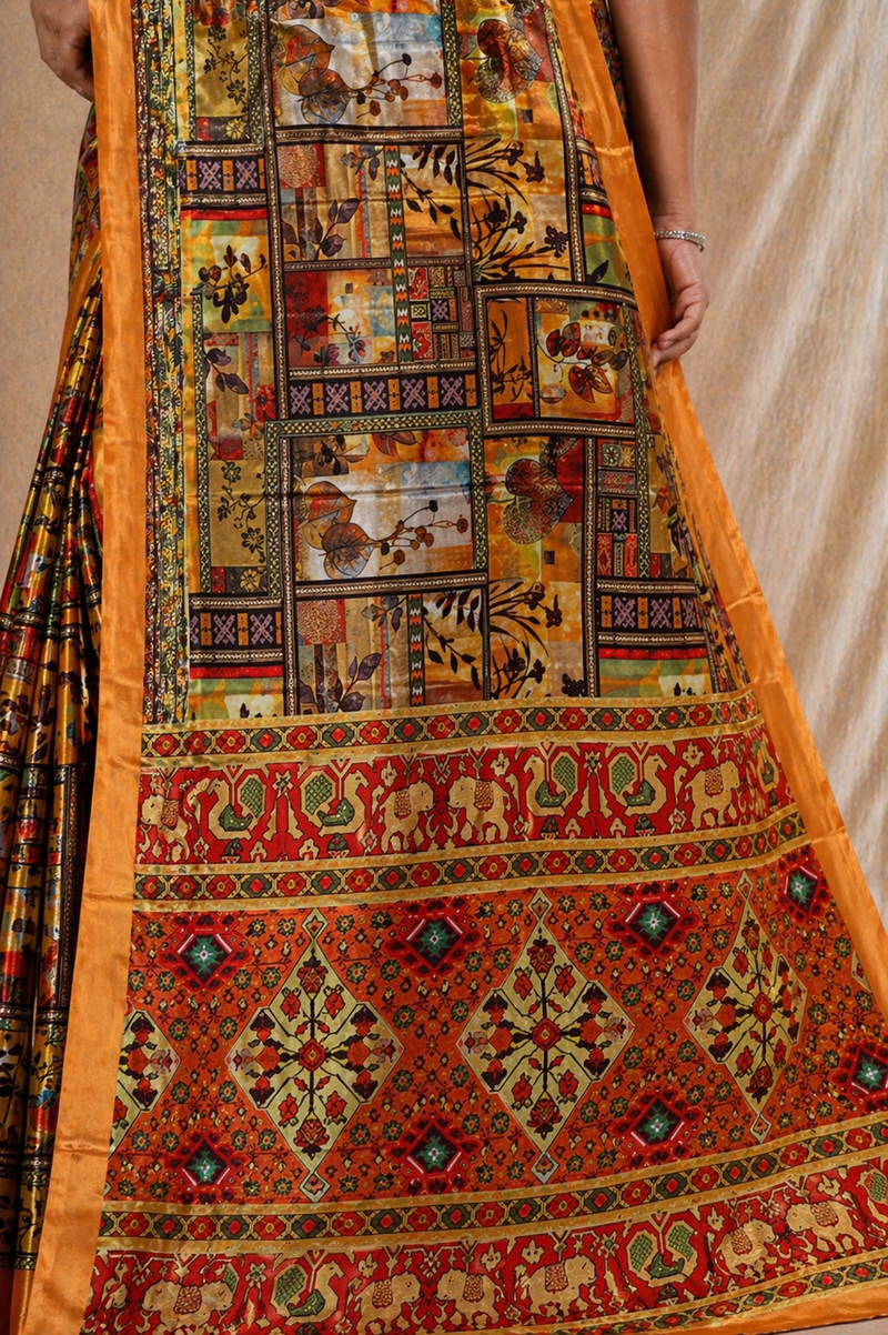 Elegant Mustard Orange Patchwork Ethnic Print Chiffon Silk Saree