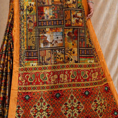 Elegant Mustard Orange Patchwork Ethnic Print Chiffon Silk Saree
