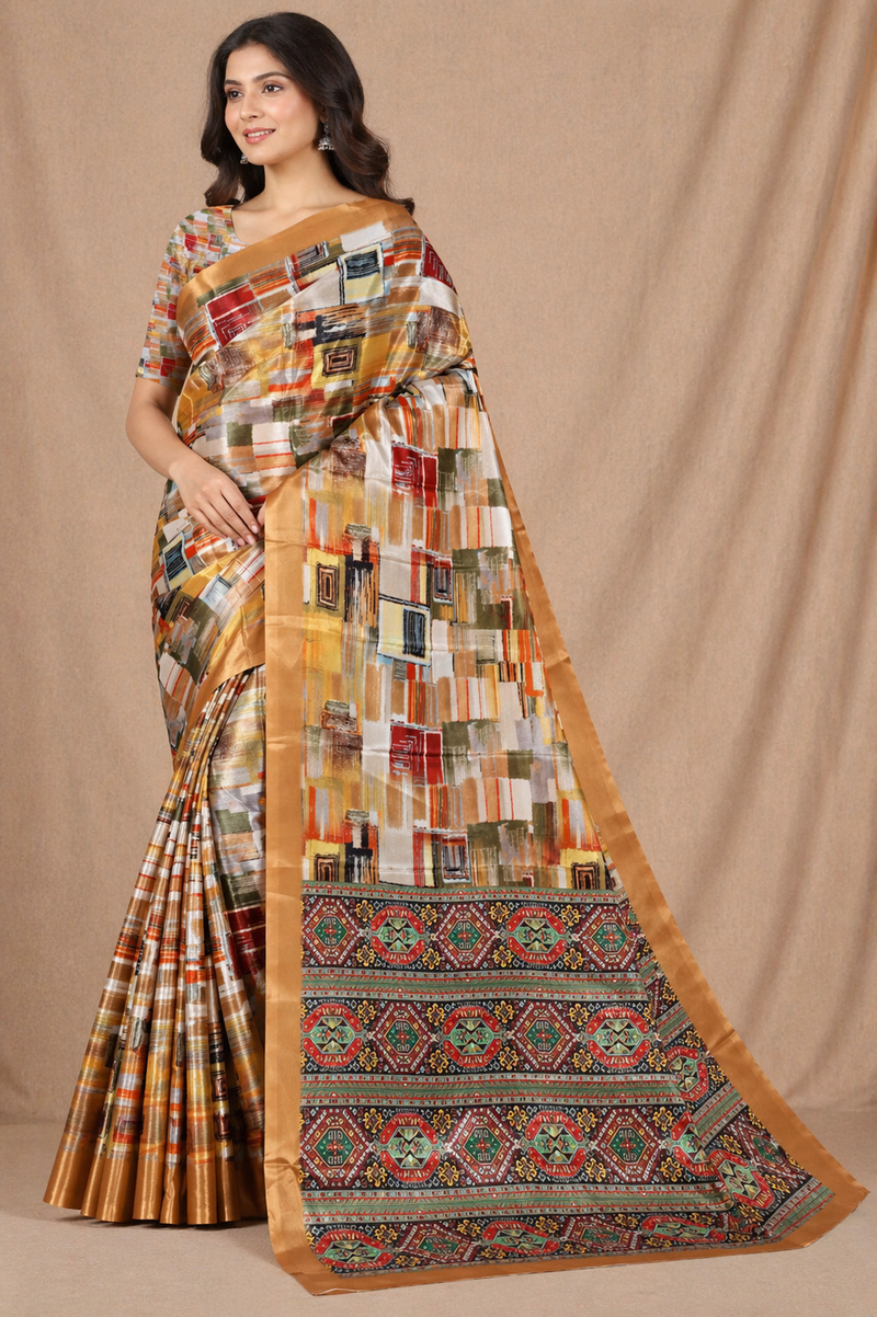 Elegant Beige Multicolor Abstract Print Chiffon Silk Saree