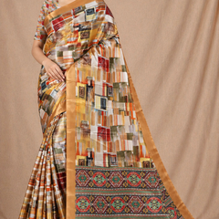 Elegant Beige Multicolor Abstract Print Chiffon Silk Saree