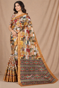 Elegant Beige Multicolor Abstract Print Chiffon Silk Saree