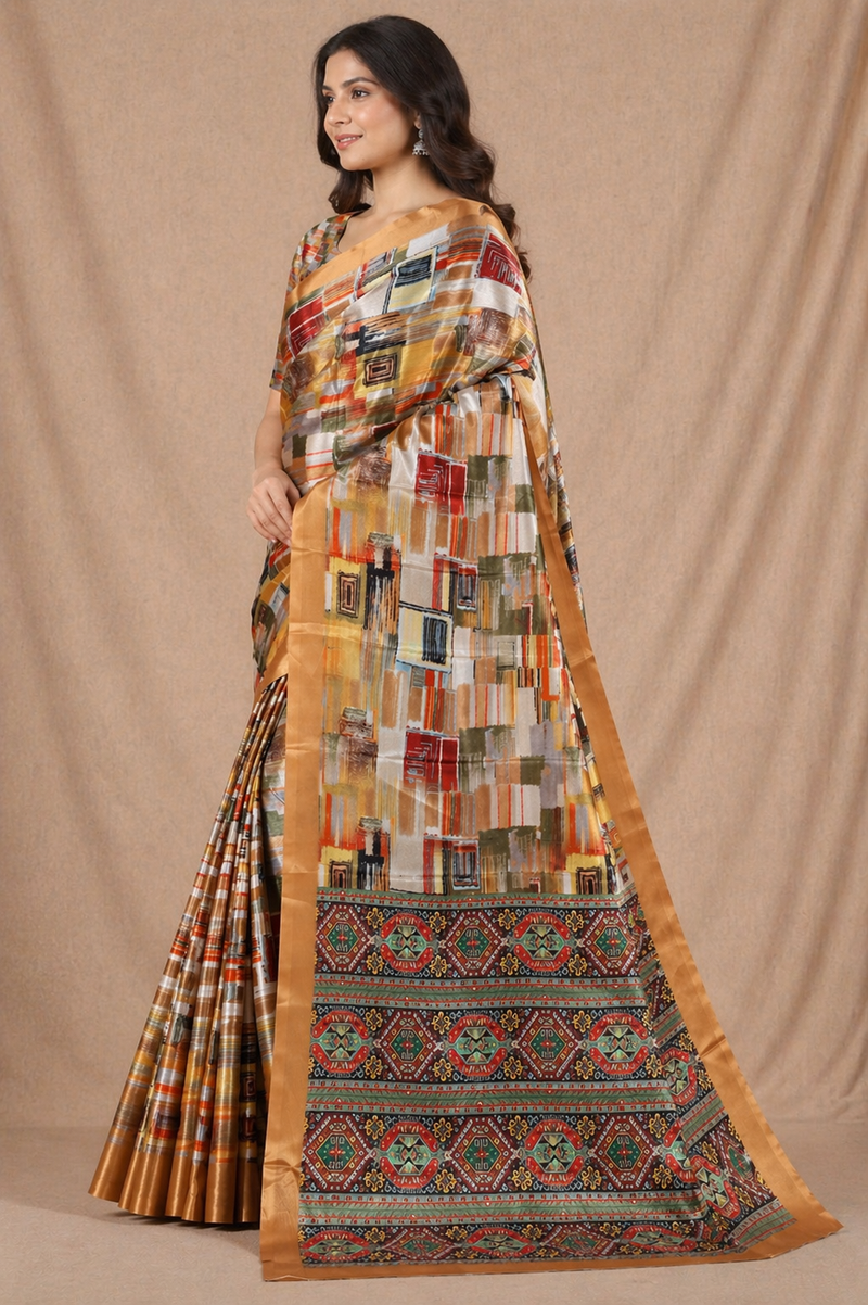 Elegant Beige Multicolor Abstract Print Chiffon Silk Saree