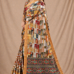 Elegant Beige Multicolor Abstract Print Chiffon Silk Saree