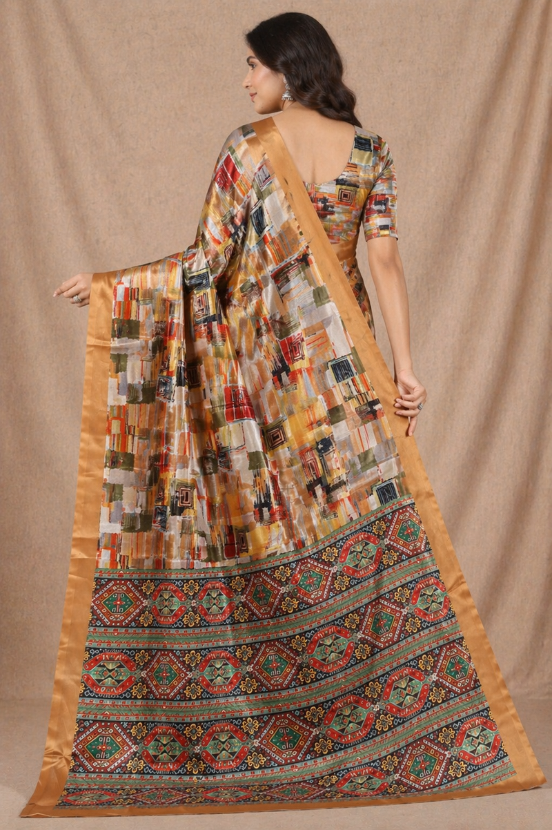 Elegant Beige Multicolor Abstract Print Chiffon Silk Saree