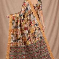 Elegant Beige Multicolor Abstract Print Chiffon Silk Saree