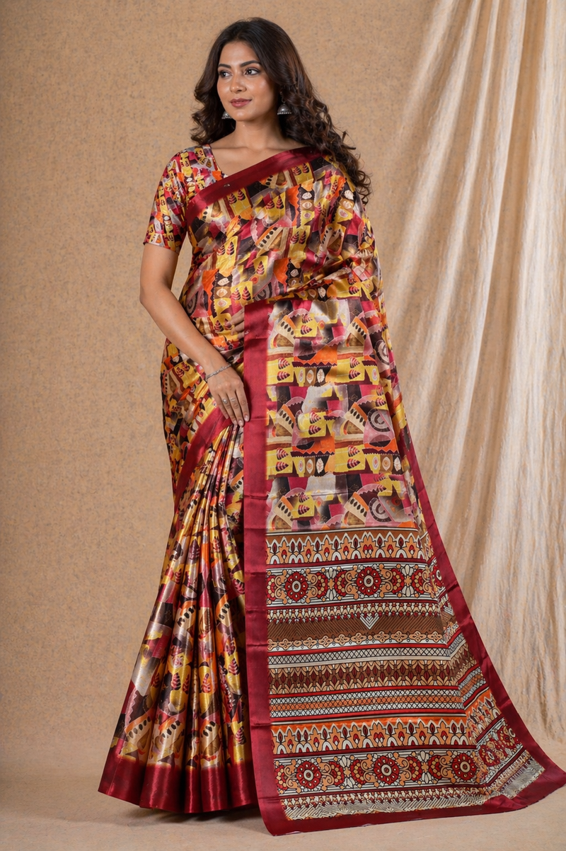Vibrant Rust Red Abstract Ethnic Print Chiffon Silk Saree