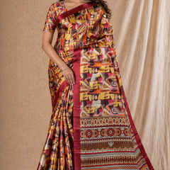 Vibrant Rust Red Abstract Ethnic Print Chiffon Silk Saree
