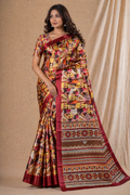 Vibrant Rust Red Abstract Ethnic Print Chiffon Silk Saree