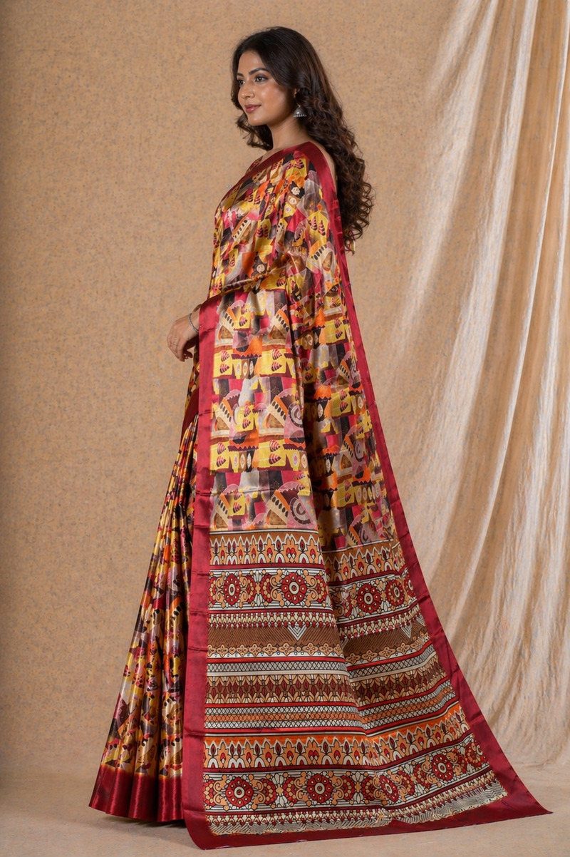 Vibrant Rust Red Abstract Ethnic Print Chiffon Silk Saree