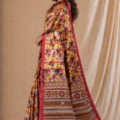 Vibrant Rust Red Abstract Ethnic Print Chiffon Silk Saree