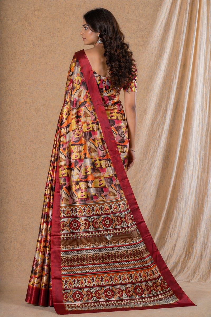 Vibrant Rust Red Abstract Ethnic Print Chiffon Silk Saree